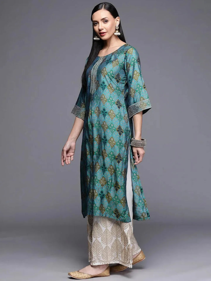 Blue Printed Chanderi Silk Kurta - Libas