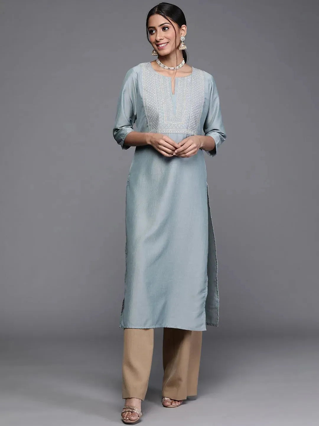 Blue Printed Chanderi Silk Kurta - Libas