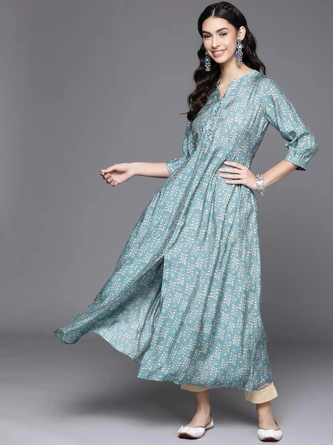 Blue Printed Chanderi Silk Kurta - Libas