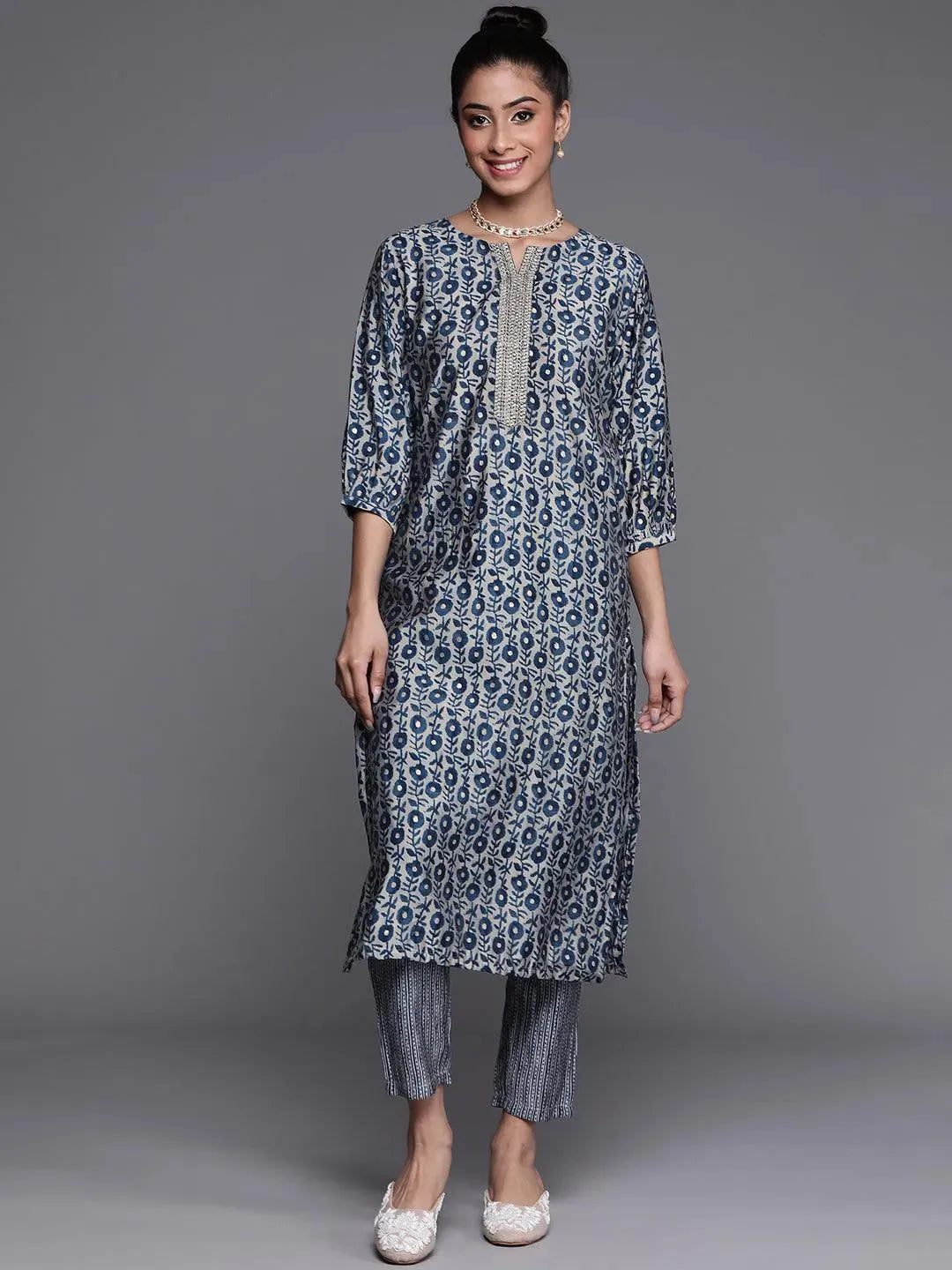 Blue Printed Chanderi Silk Kurta - Libas