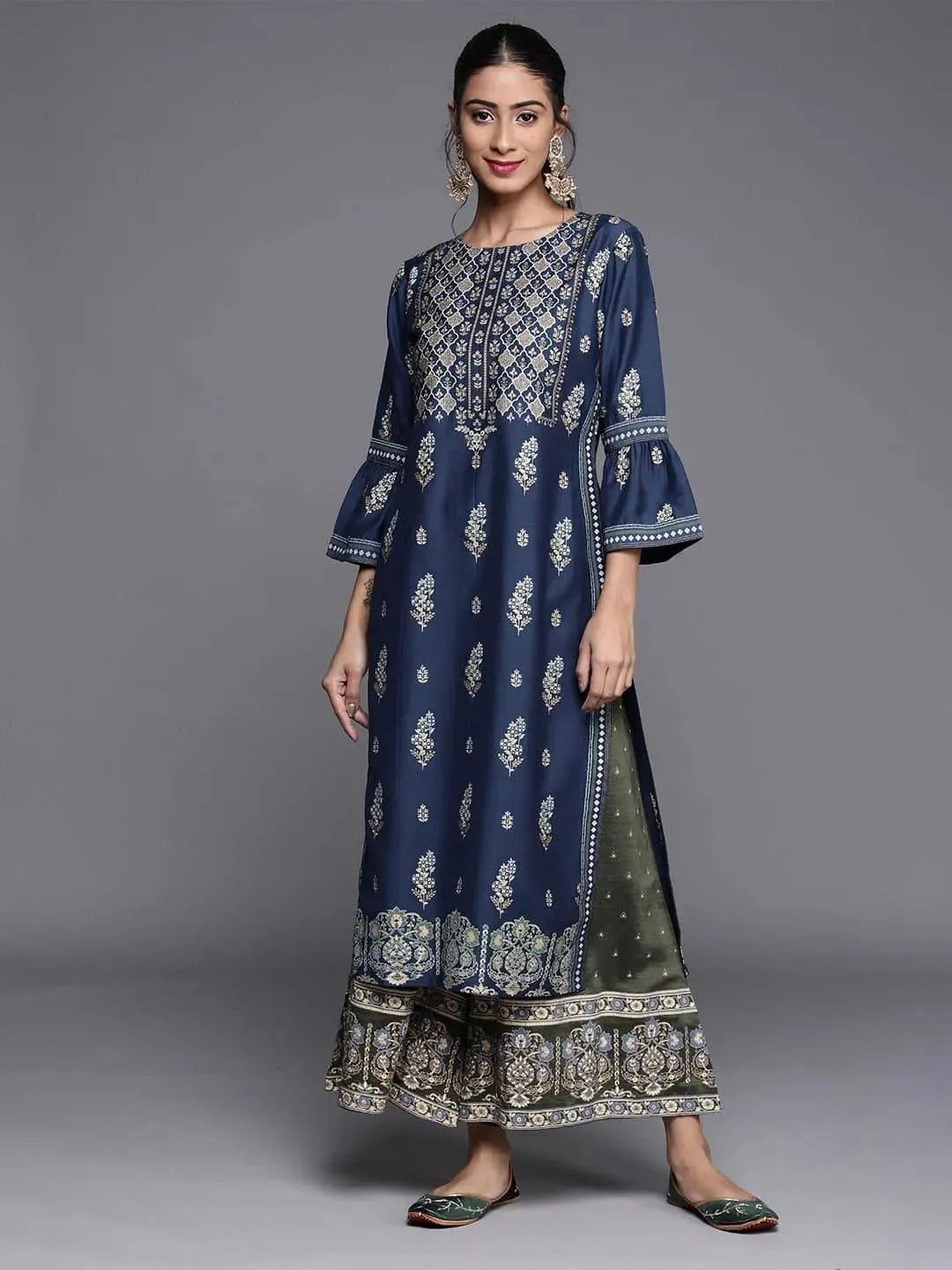Blue Printed Chanderi Silk Kurta - Libas 
