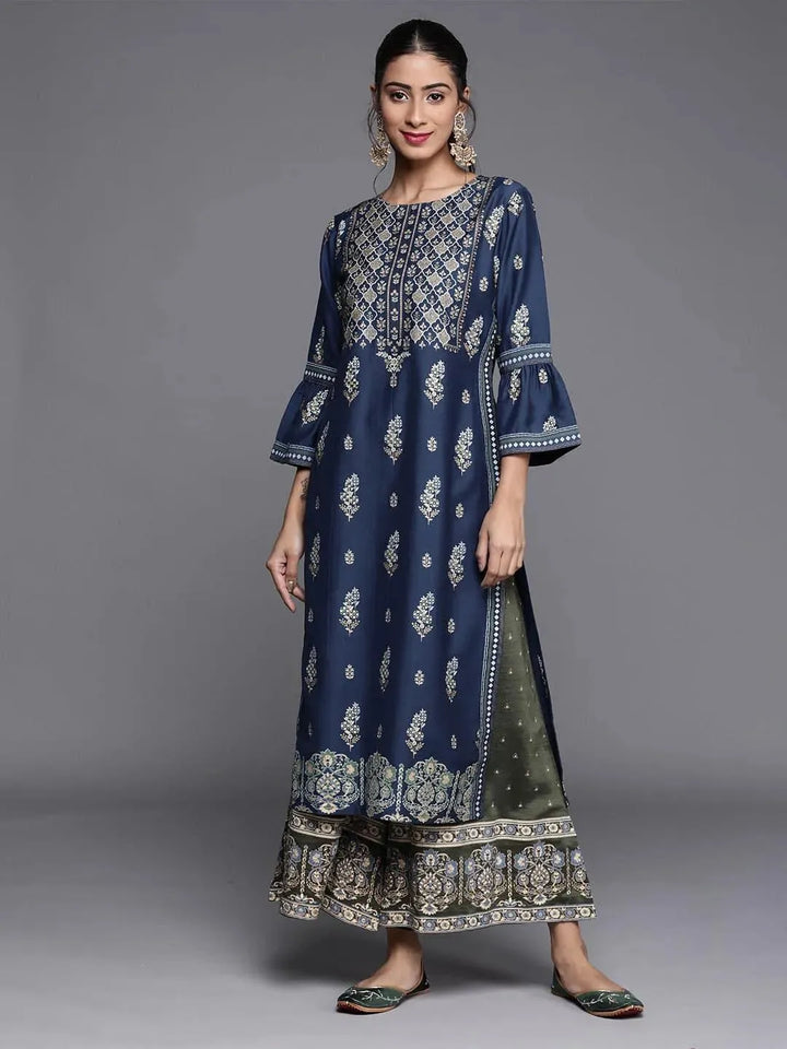 Blue Printed Chanderi Silk Kurta - Libas