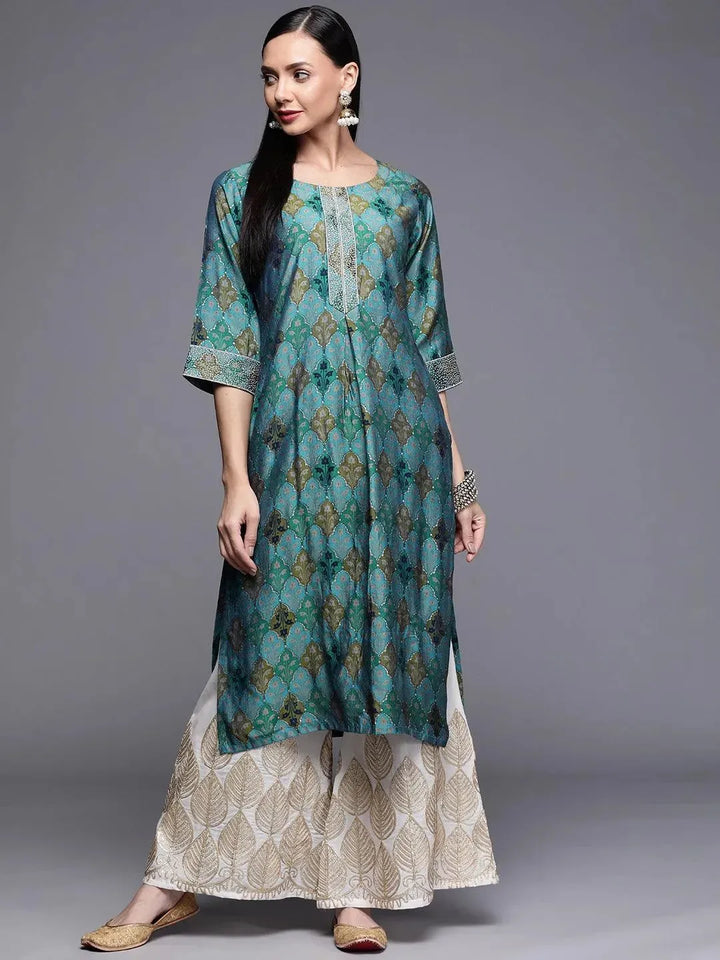 Blue Printed Chanderi Silk Kurta - Libas