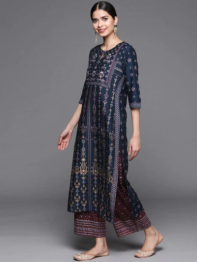 Blue Printed Chanderi Silk Kurta - Libas