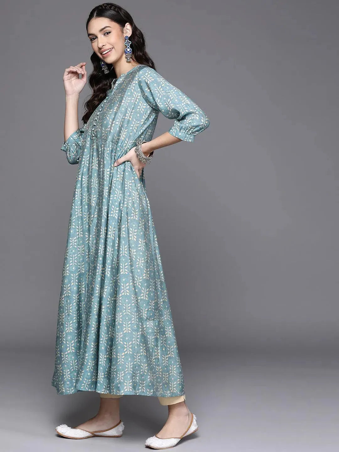 Blue Printed Chanderi Silk Kurta - Libas 