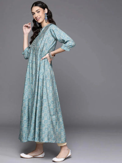 Blue Printed Chanderi Silk Kurta - Libas