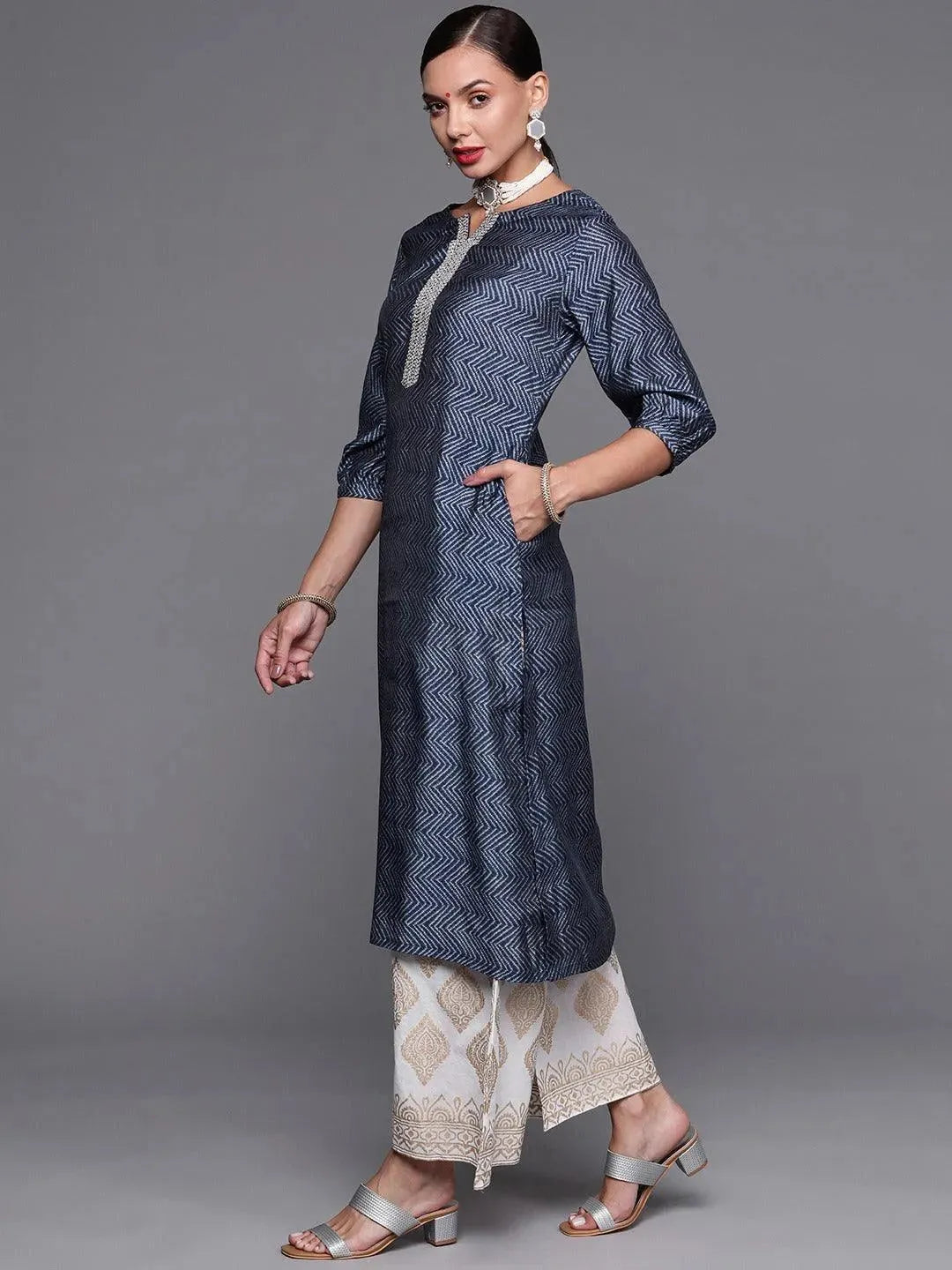 Blue Printed Chanderi Silk Kurta - Libas 