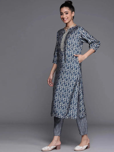 Blue Printed Chanderi Silk Kurta - Libas