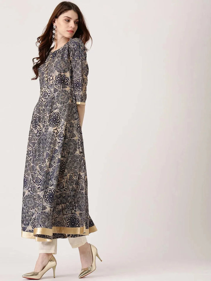 Blue Printed Chanderi Silk Kurta - Libas