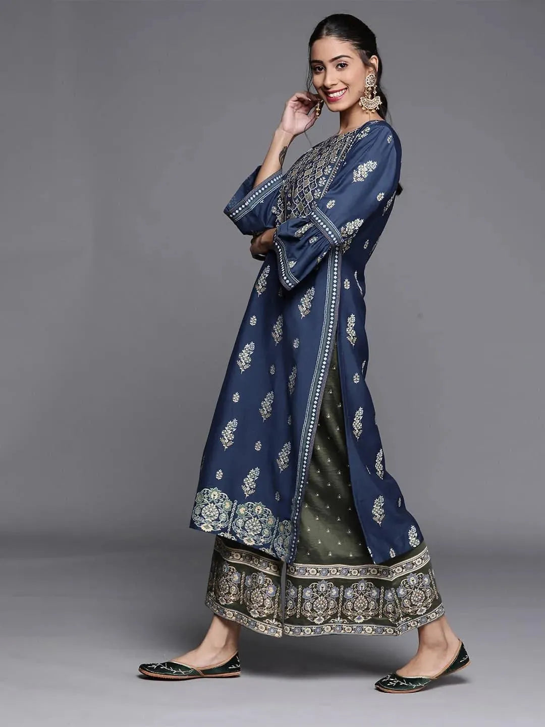 Blue Printed Chanderi Silk Kurta - Libas 