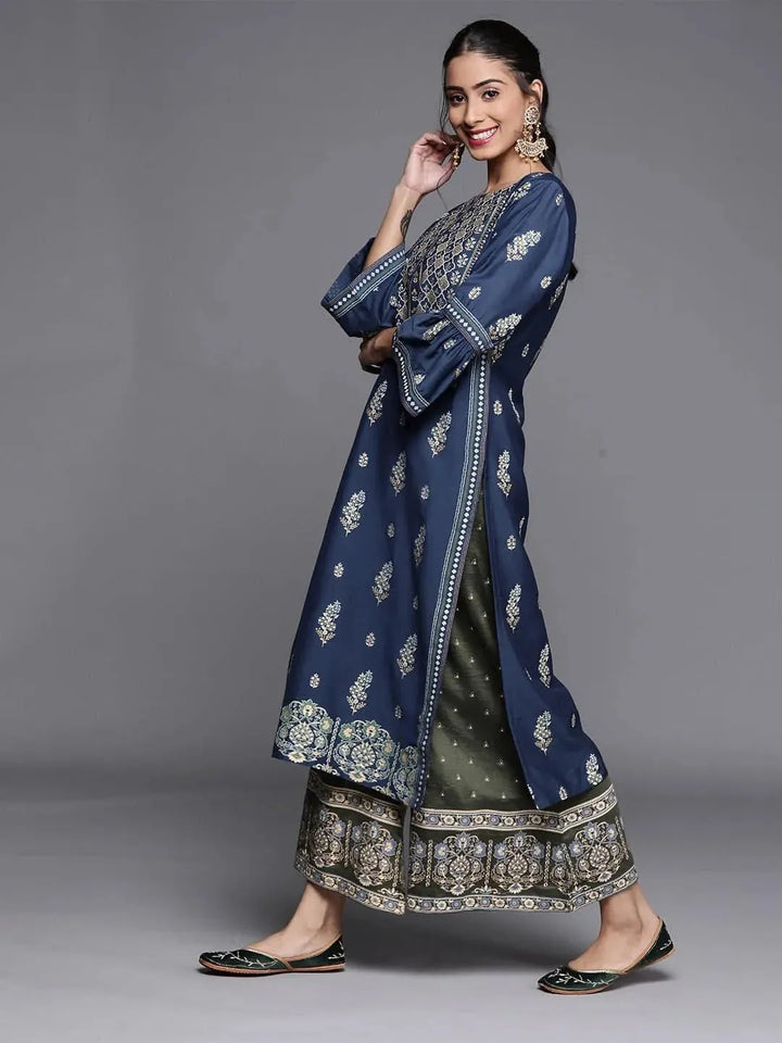 Blue Printed Chanderi Silk Kurta - Libas