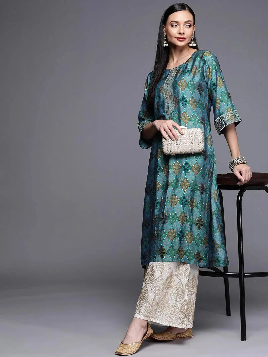 Blue Printed Chanderi Silk Kurta - Libas 