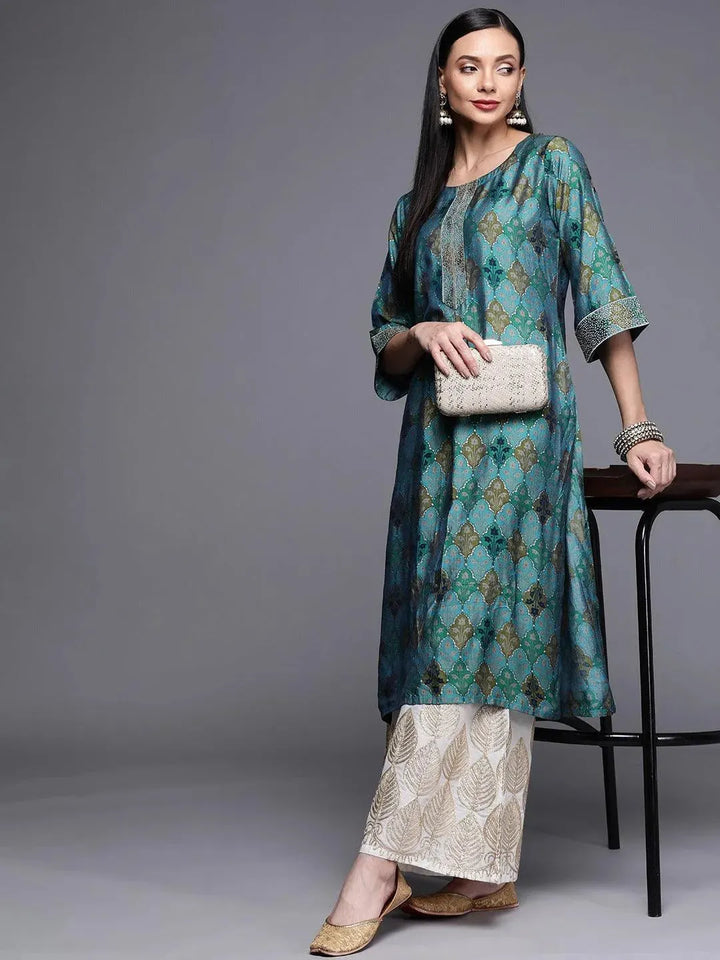 Blue Printed Chanderi Silk Kurta - Libas