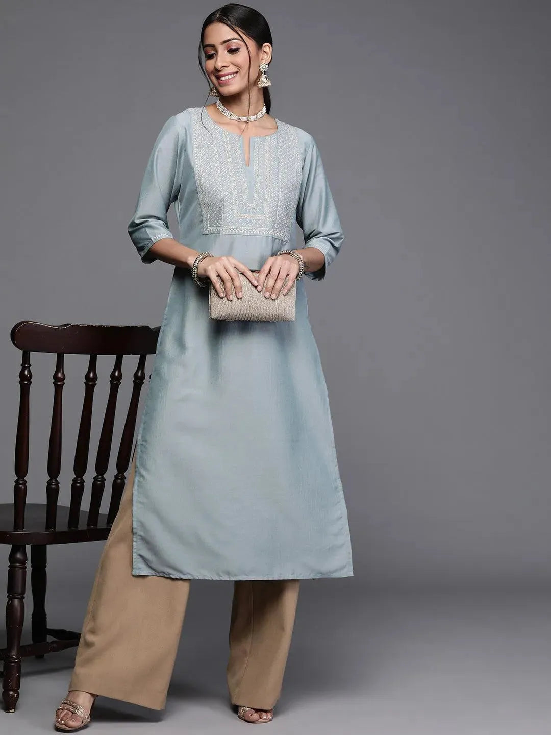 Blue Printed Chanderi Silk Kurta - Libas