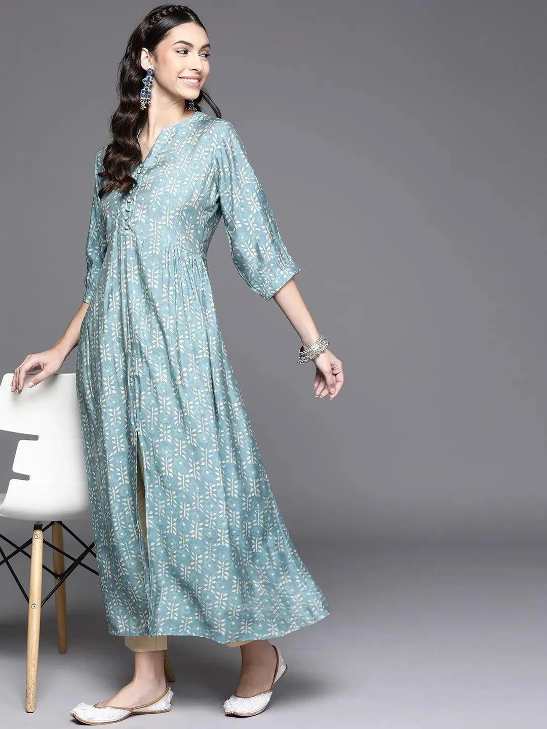 Blue Printed Chanderi Silk Kurta - Libas