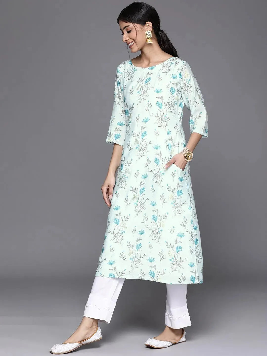 Blue Printed Chanderi Silk Kurta - Libas