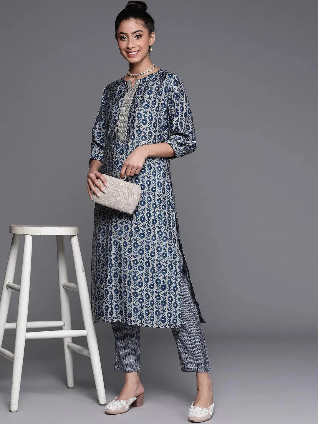 Blue Printed Chanderi Silk Kurta - Libas