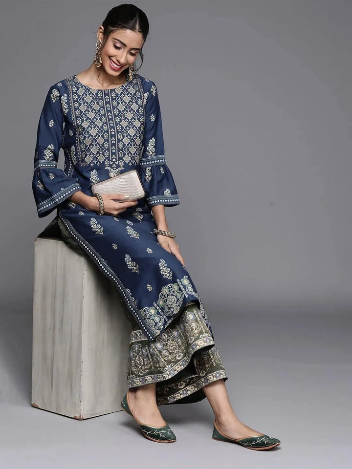 Blue Printed Chanderi Silk Kurta - Libas