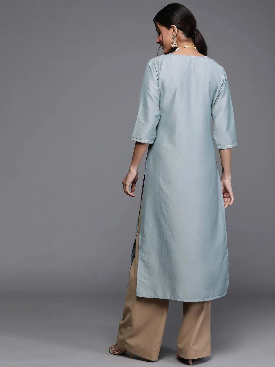 Blue Printed Chanderi Silk Kurta - Libas