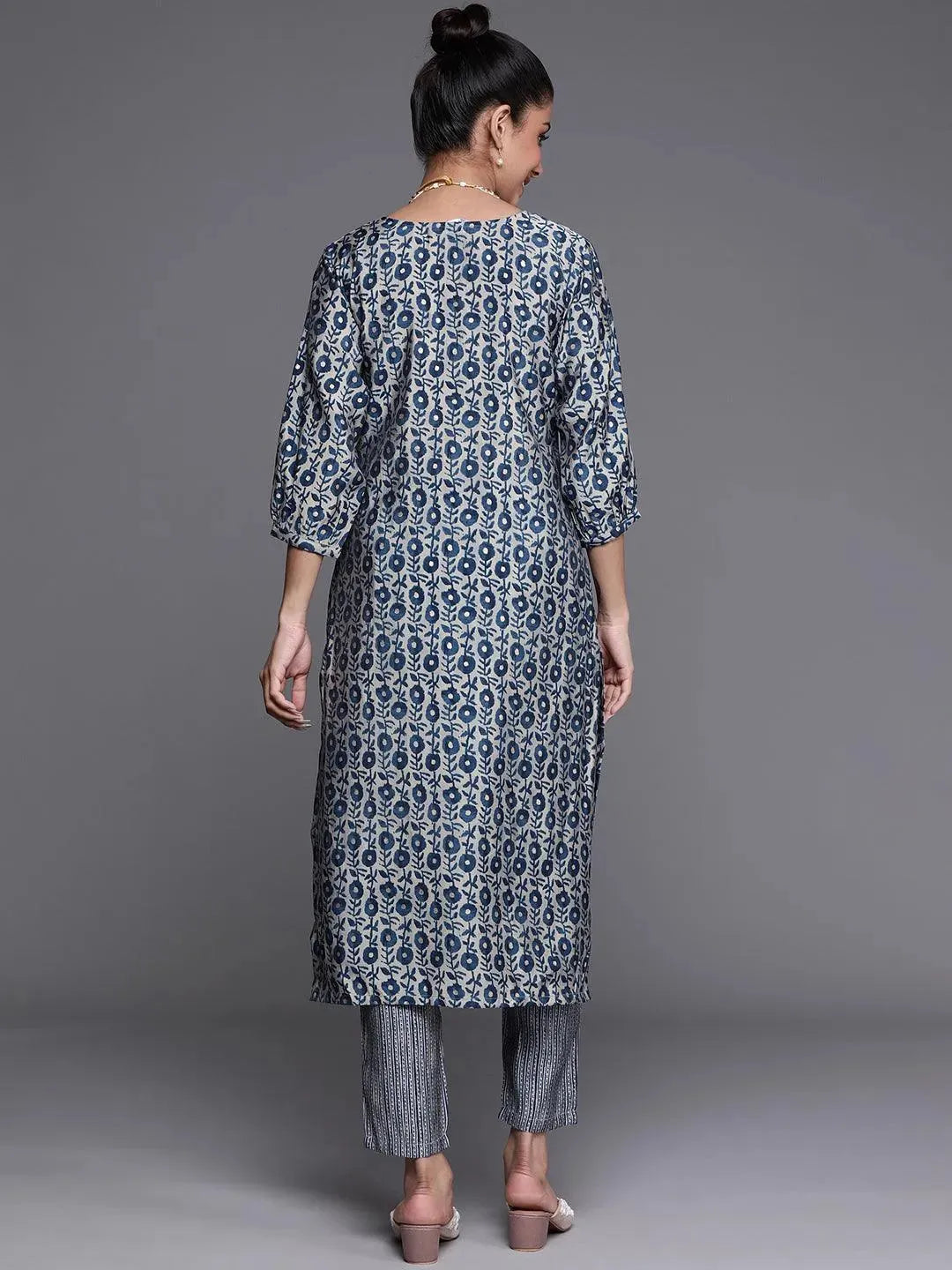 Blue Printed Chanderi Silk Kurta - Libas 
