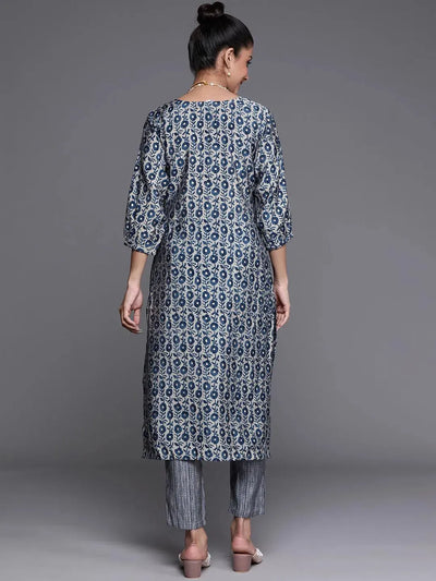 Blue Printed Chanderi Silk Kurta - Libas