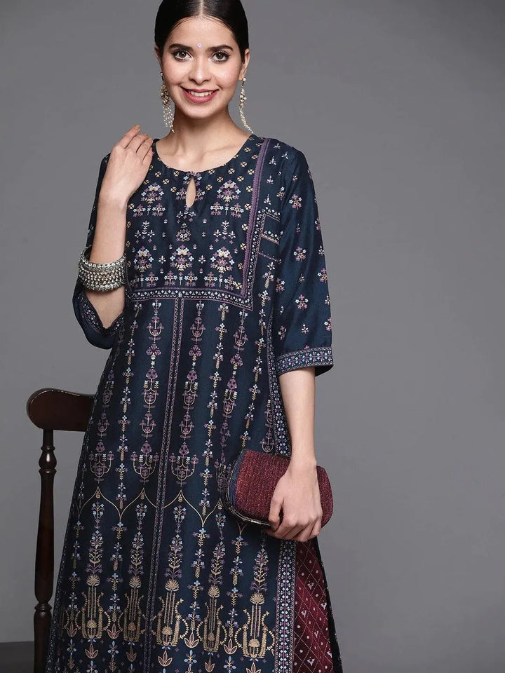 Blue Printed Chanderi Silk Kurta - Libas