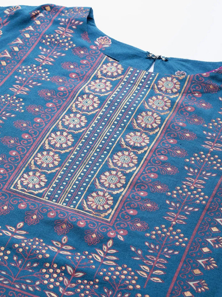 Blue Printed Chanderi Silk Kurta - Libas
