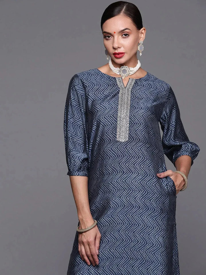 Blue Printed Chanderi Silk Kurta - Libas