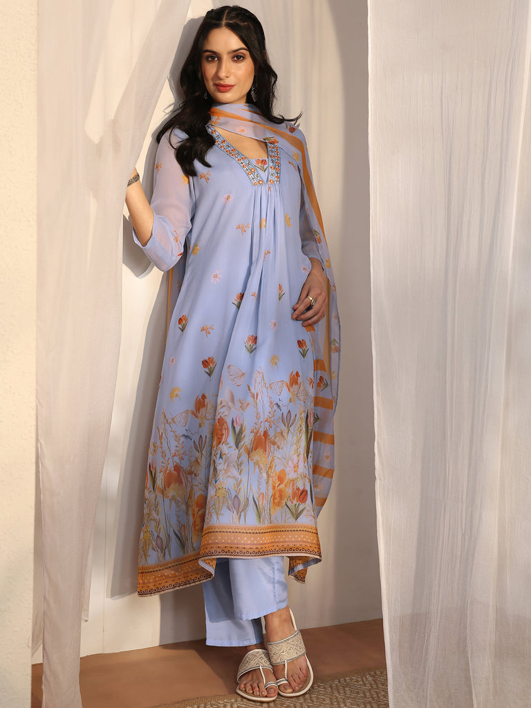 Libas Blue Printed Chiffon A-Line Suit Set With Dupatta