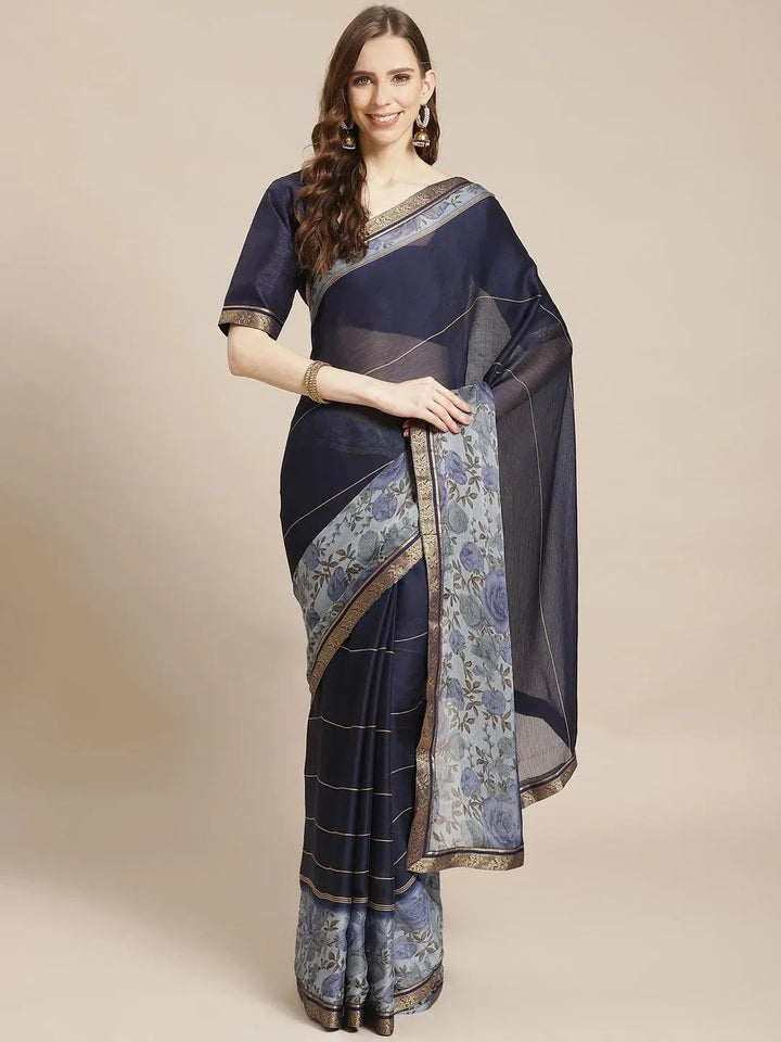 Blue Printed Chiffon Saree - Libas