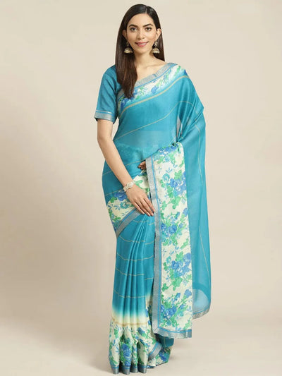 Blue Printed Chiffon Saree - Libas