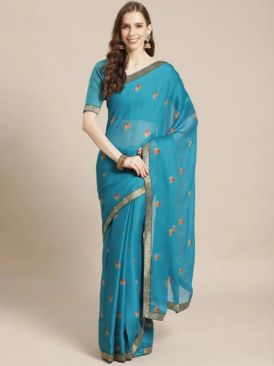 Blue Printed Chiffon Saree - Libas