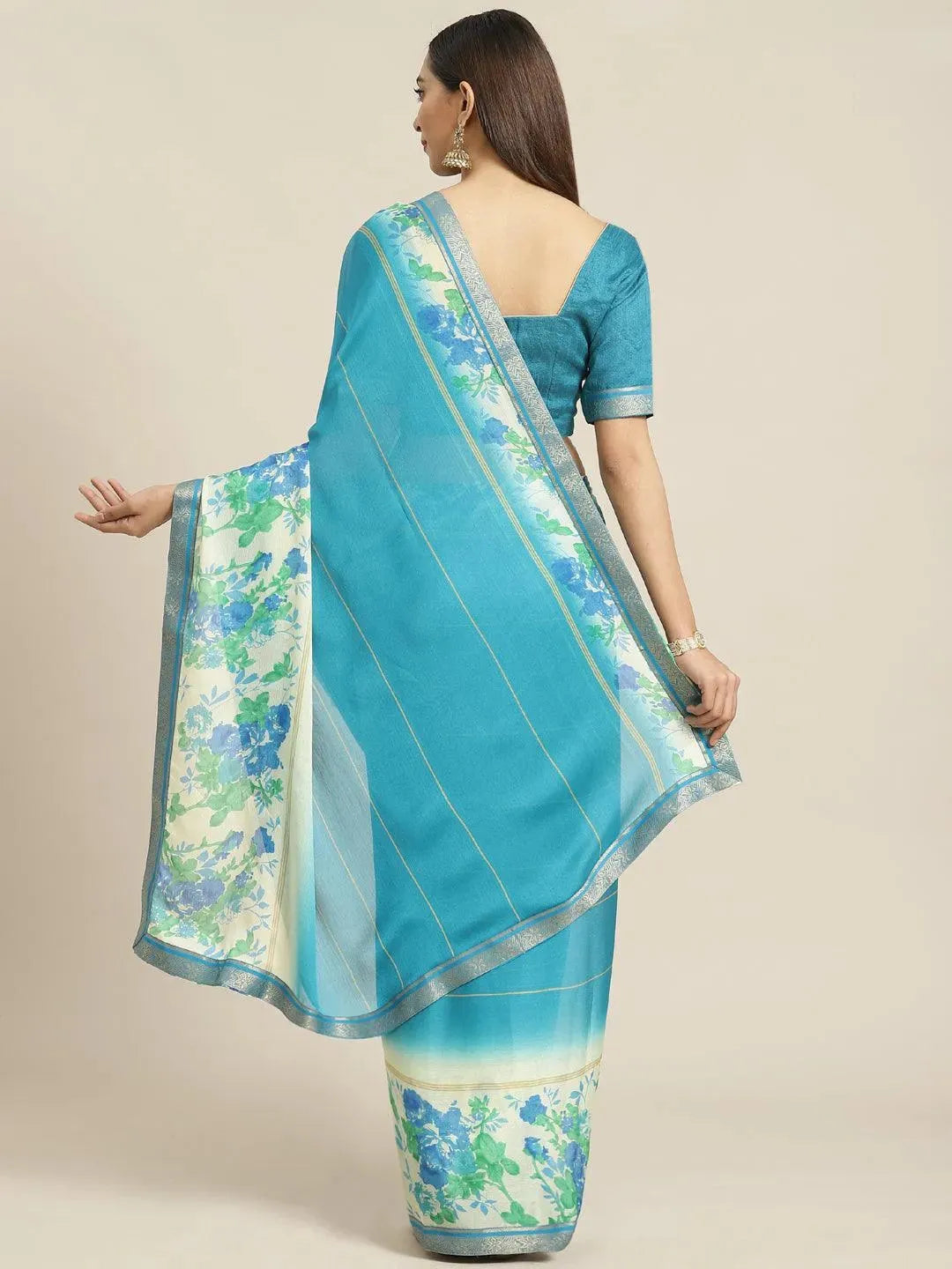 Blue Printed Chiffon Saree - Libas