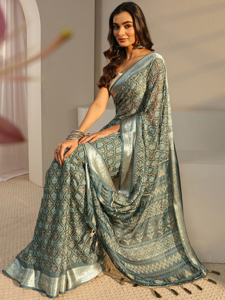 Libas Blue Printed Chiffon Saree With Unstitched Blouse Piece
