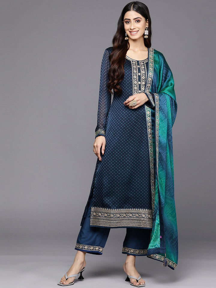 Blue Printed Chiffon Straight Suit Set With Trousers - Libas