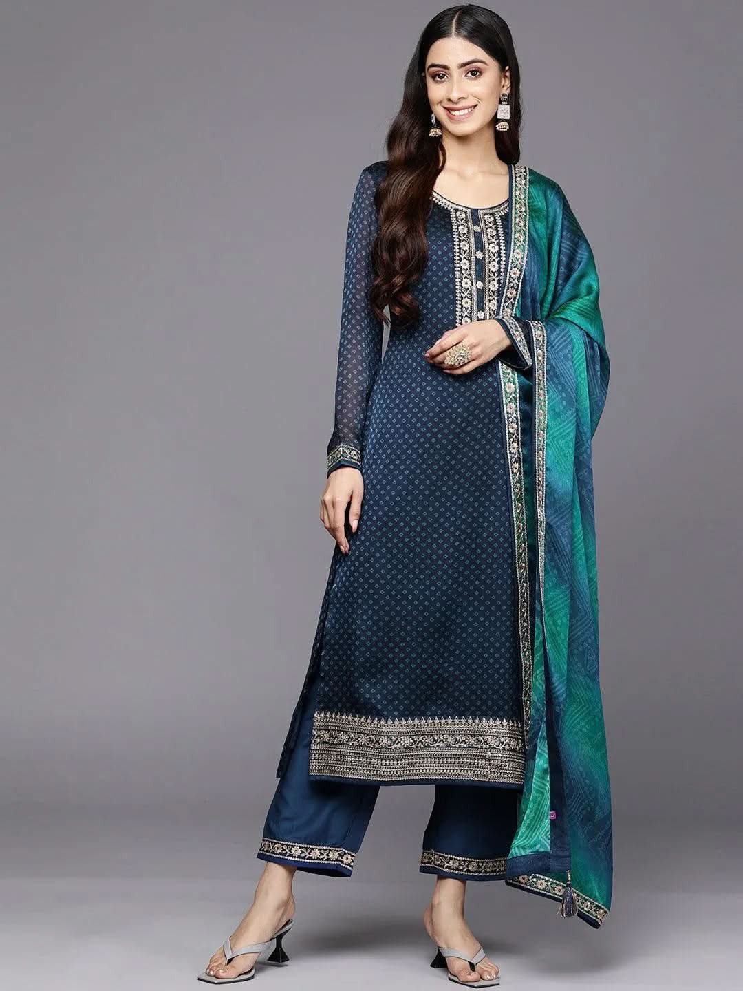 

Blue Printed Chiffon Straight Kurta With Trousers & Dupatta