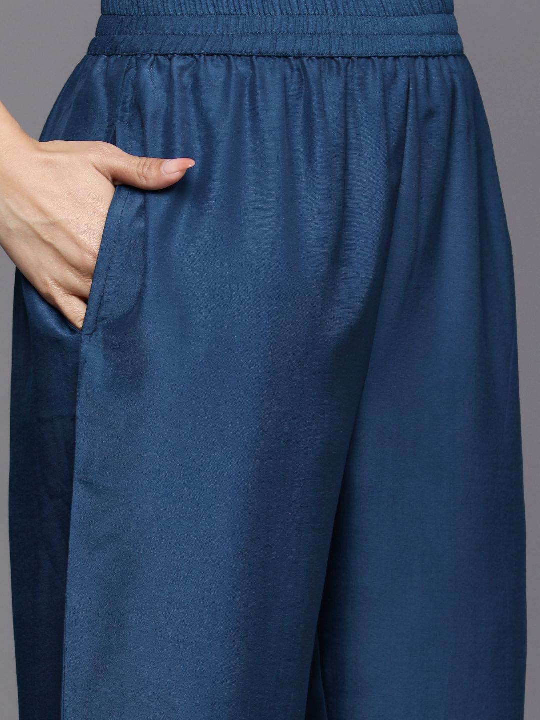 Blue Printed Chiffon Straight Kurta With Trousers & Dupatta