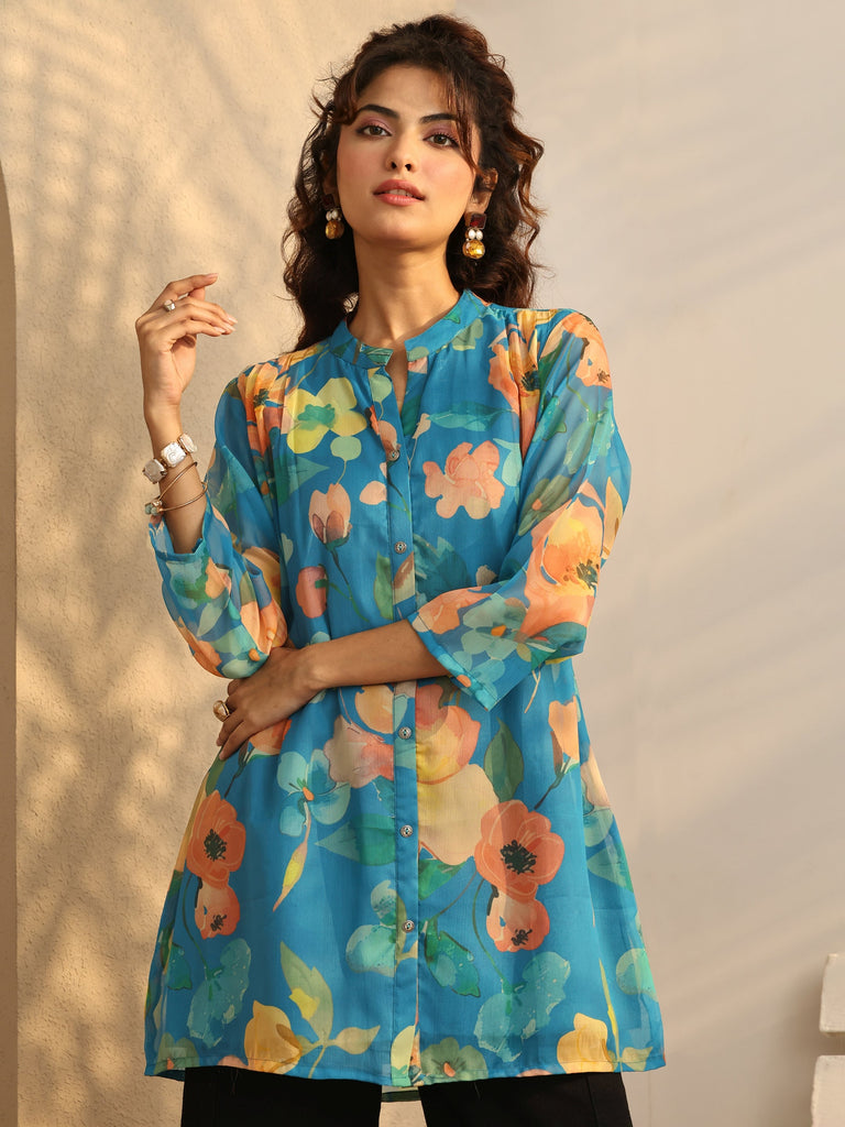 Libas Blue Printed Chiffon Straight Shirt