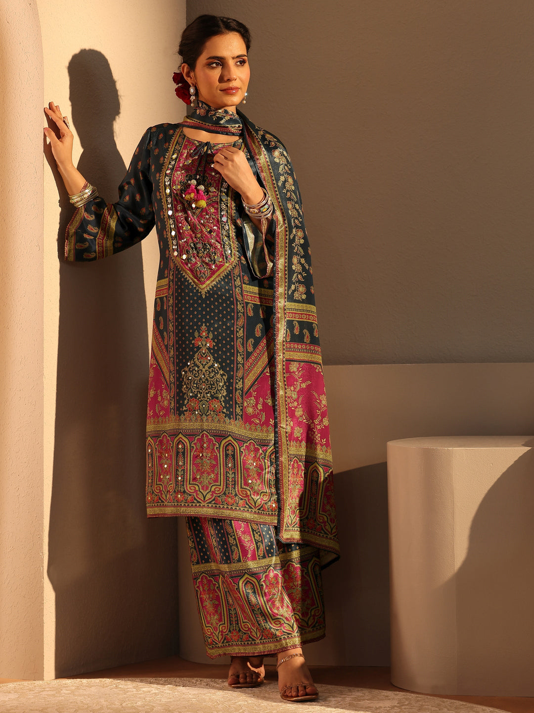 Blue Printed Chinon Palazzo Suit Set With Dupatta 