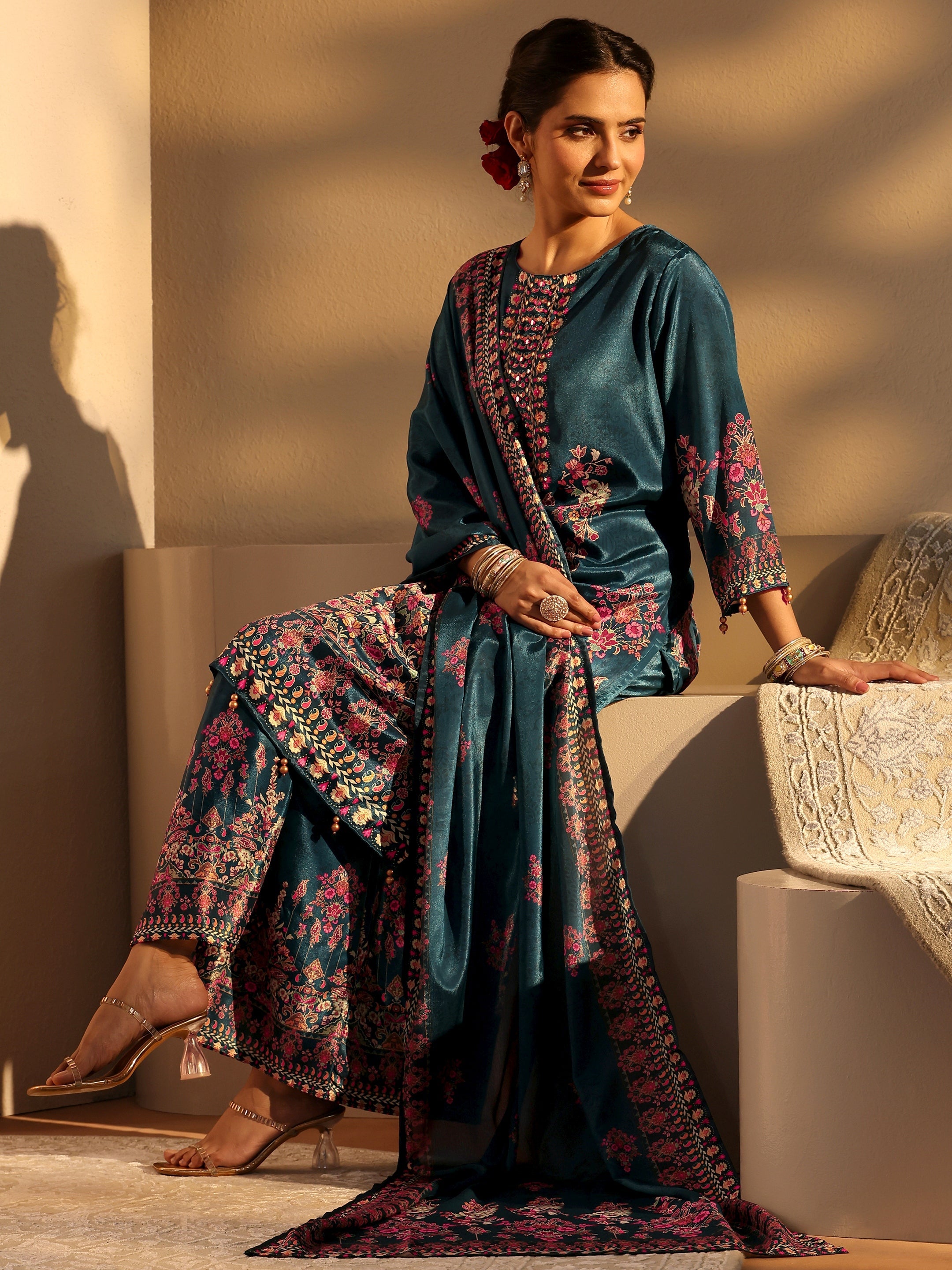 libas Blue Printed Chinon Palazzo Suit Set With Dupatta-picture-23