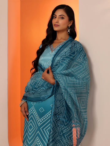 Blue Printed Chinon Straight Suit Set With Dupatta
