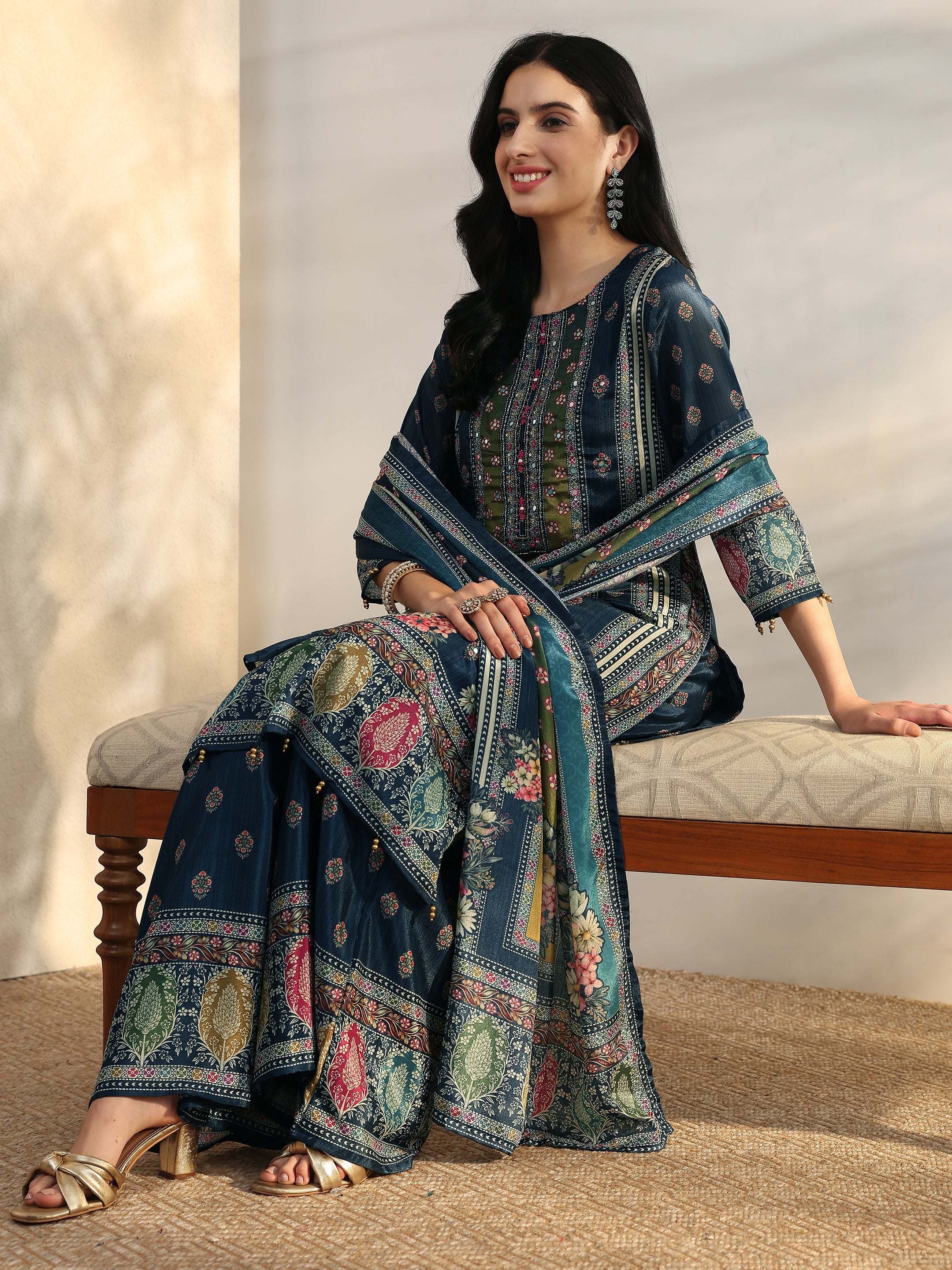 libas Blue Printed Chinon Straight Suit Set With Dupatta-picture-36
