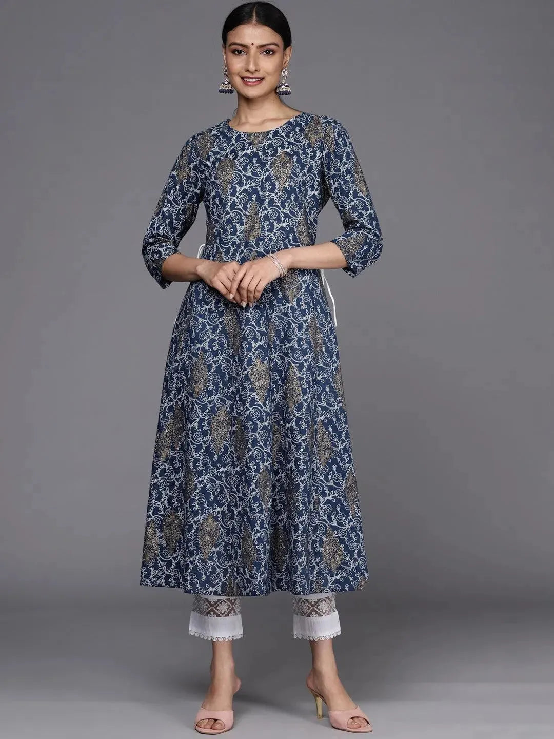 Blue Printed Cotton A-Line Kurta - Libas 