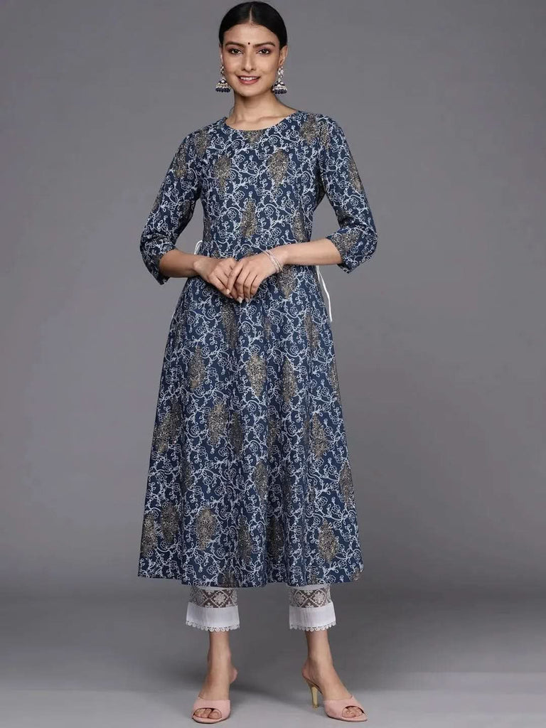 Libas Blue Printed Cotton A-Line Kurta