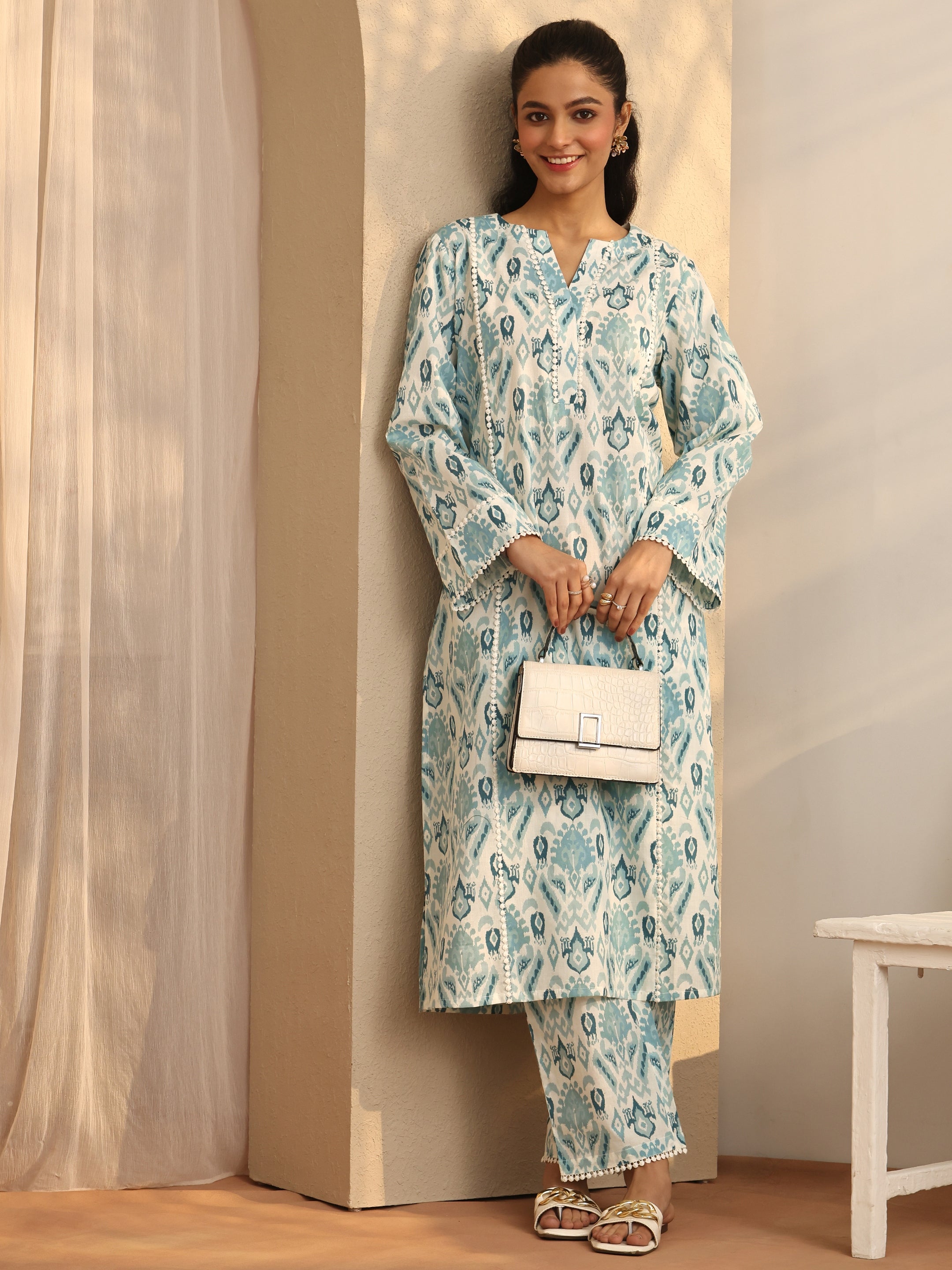 libas Blue Printed Cotton A-Line Kurta Set-picture-46