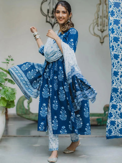 Blue Printed Cotton Suit Set - Libas