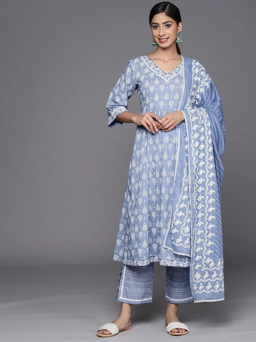 Blue Printed Cotton A-Line Suit Set With Trousers - Libas