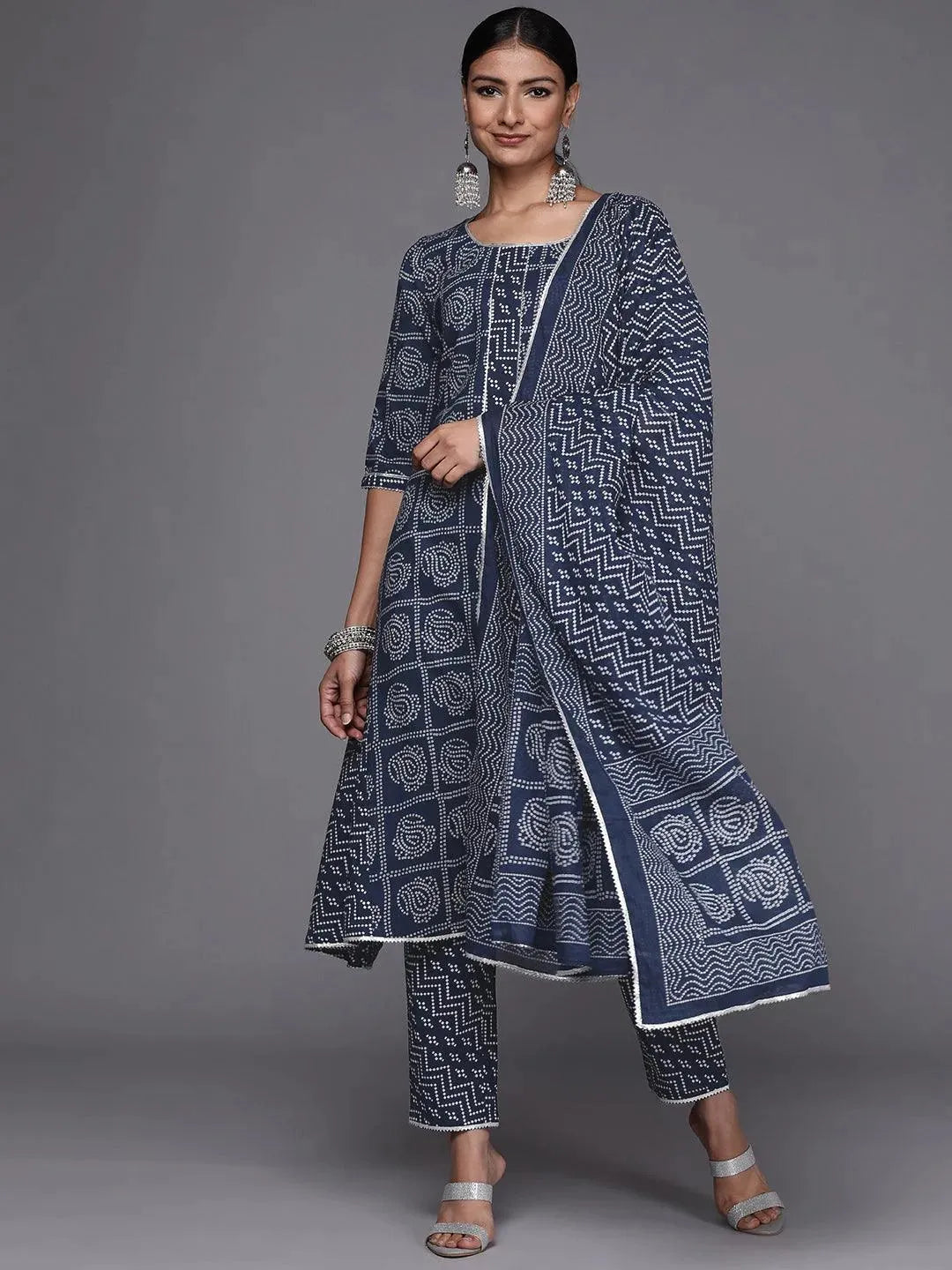 Blue Printed Cotton A-Line Suit Set - Libas 