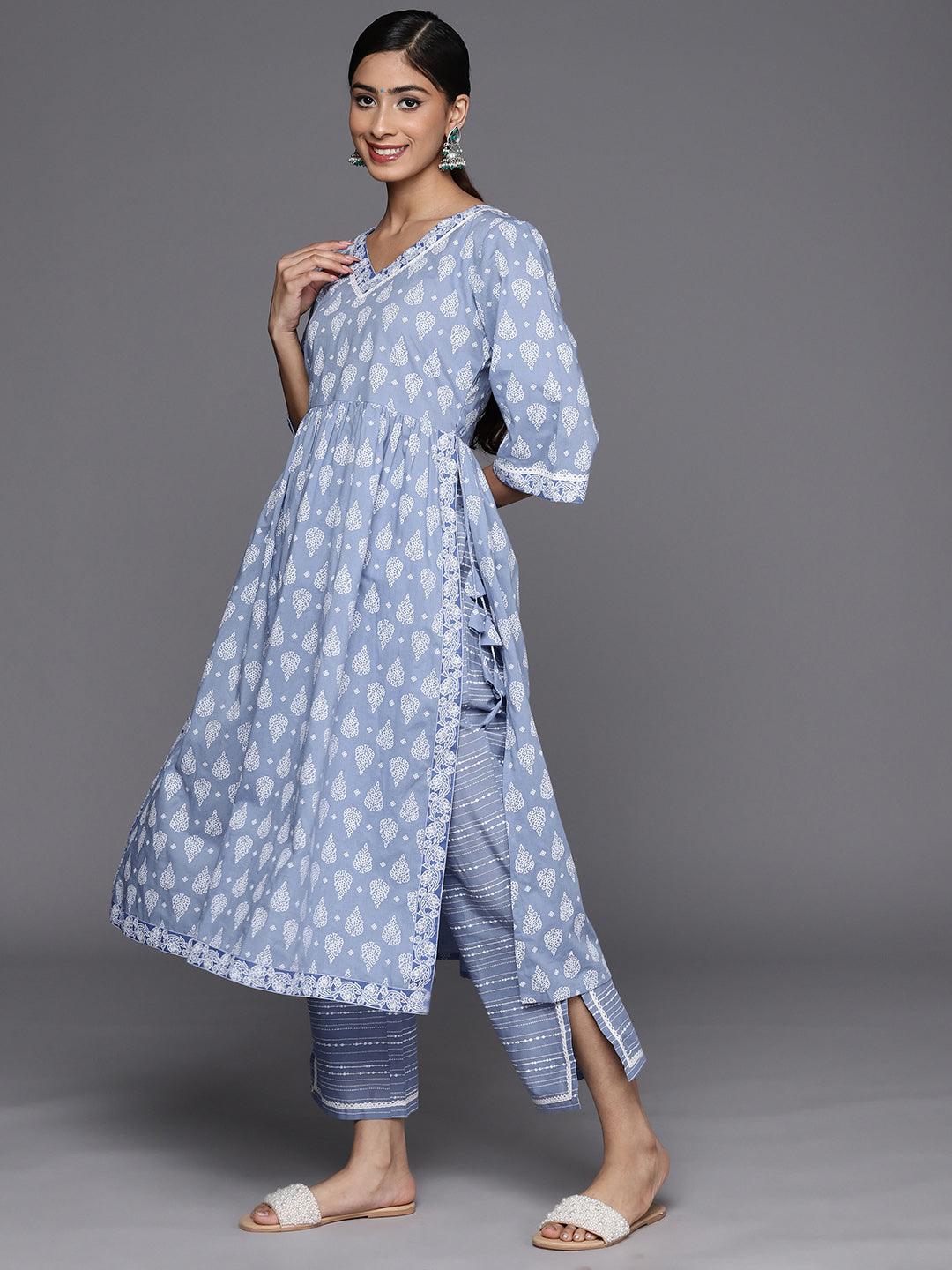Blue Printed Cotton A-Line Suit Set With Trousers - Libas