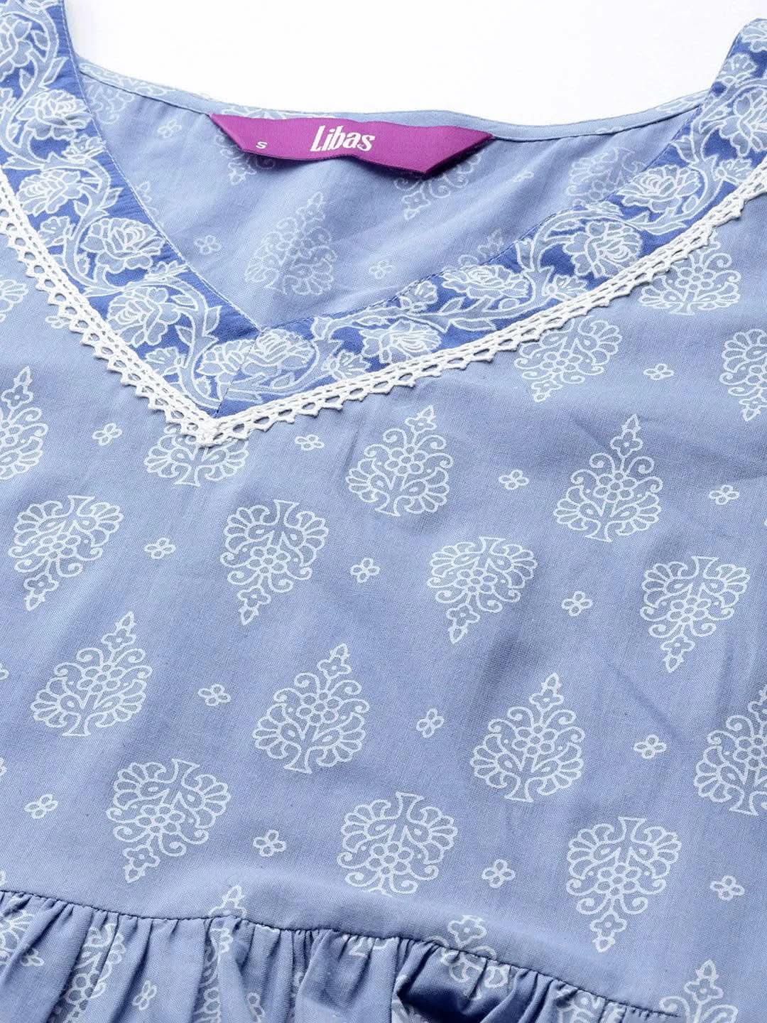 

Blue Printed Cotton A-Line Kurta With Dupatta